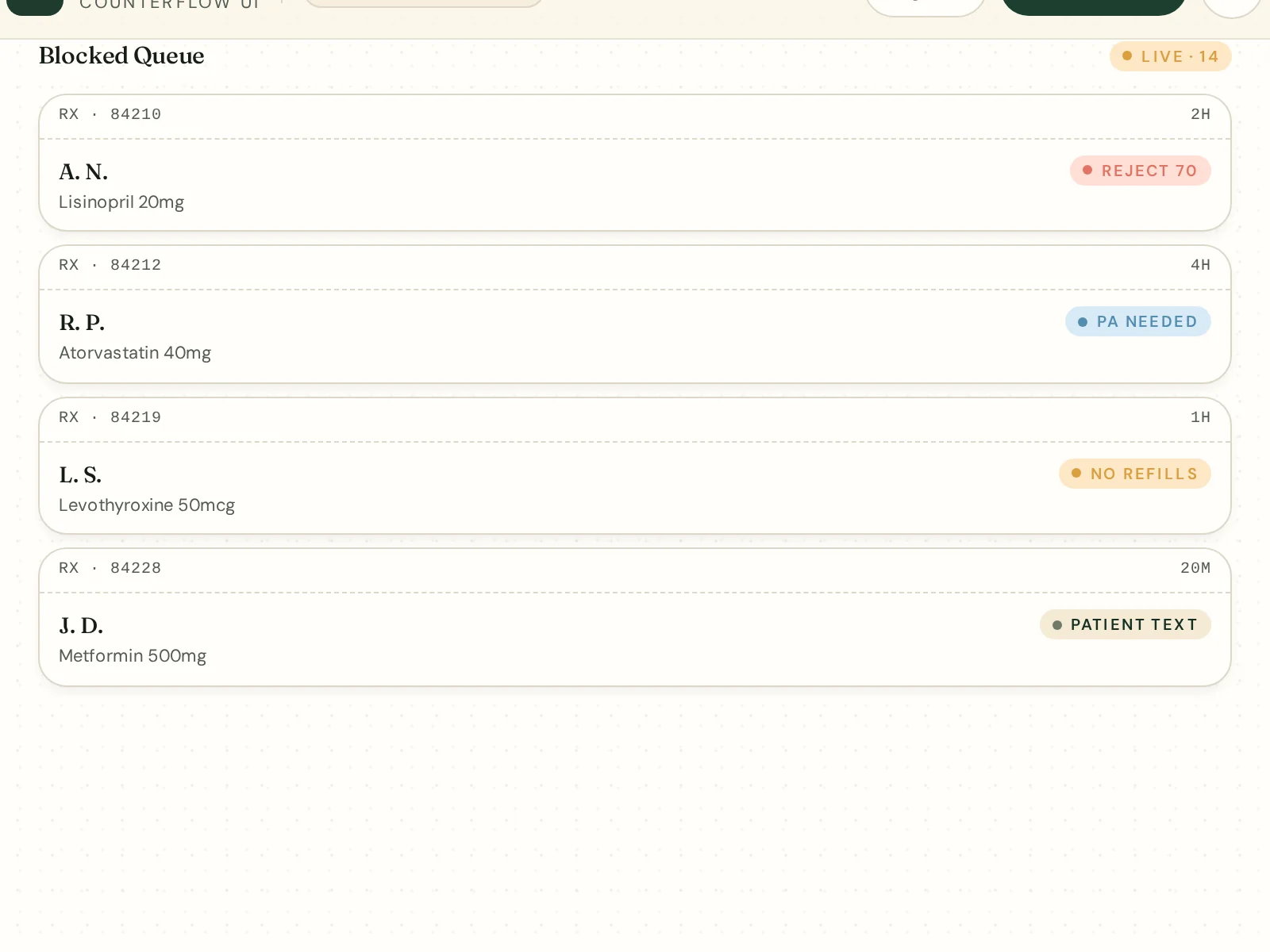 Blocked Queue module — prescriptions sorted by reason and owner