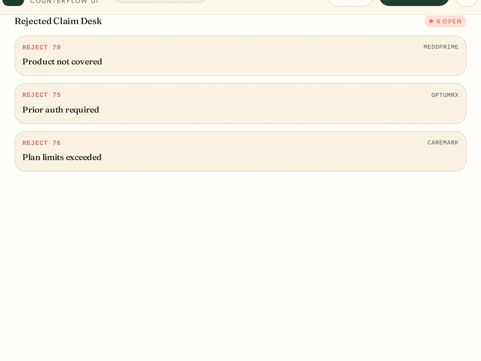 Rejected Claim Desk module — structured reject codes with next actions