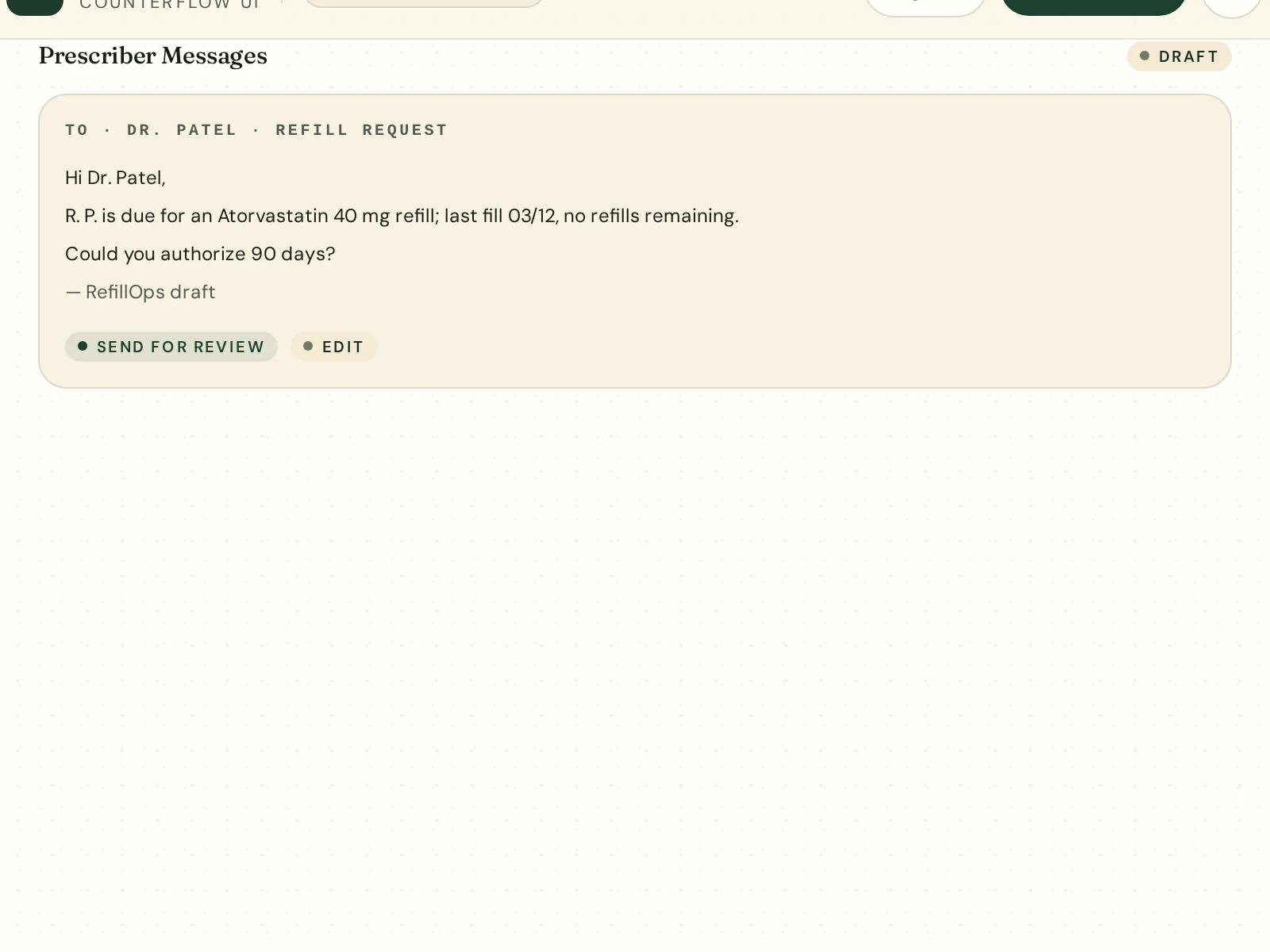 Prescriber Messages module — drafted outreach with tracked responses